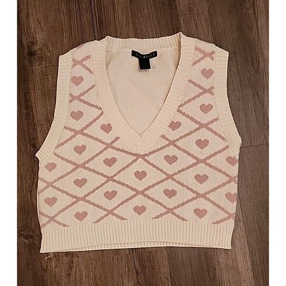 Say What? Womens Sweater Vest XL Beige Pink Hearts Academic Preppy